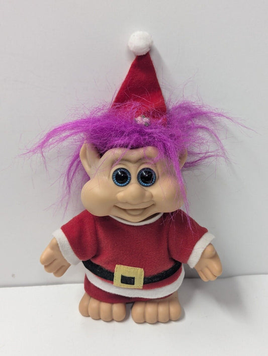 Vintage ITB Large Elf Troll In Santa Suit & Hat 8" Purple Hair Blue Eyes 1991