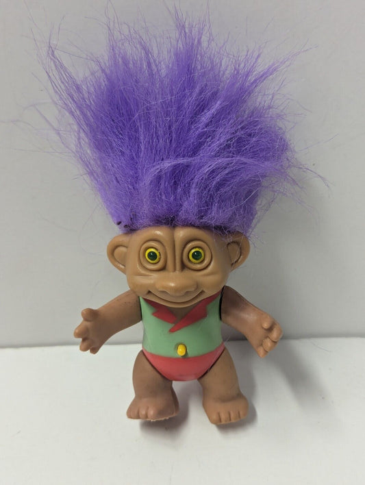  3" Vintage Troll Doll Soma Int. Inc. Yellow Eyes Light Up, Purple Hair 1992