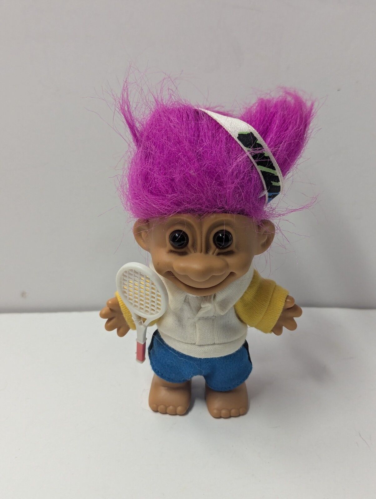 Vintage Russ Troll 5" Doll Tennis Player with Tennis Racket and Purple Hair